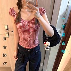 韩系复古红白格纹修身短袖衬衫一字肩两穿女夏季新百搭露肩衣