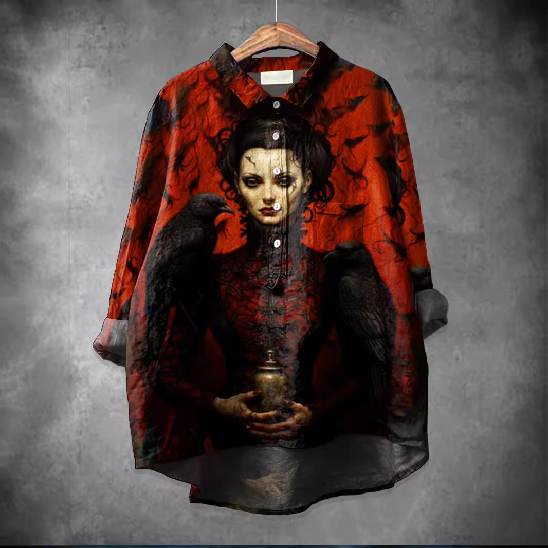 Dameskleding nieuwe casual mode Halloween patroon print dames half open knoop overhemd_voghion.com