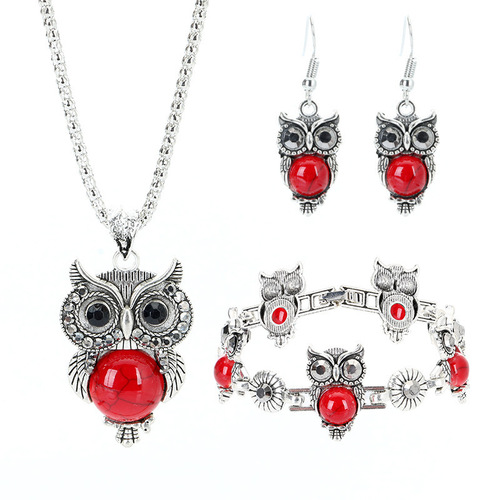European and American retro jewelry set, turquoise inlaid owl pendant earrings, necklace, bracelet, women's popular jewelry
