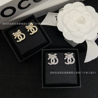 现拍香家蝴蝶结满钻字母双C耳钉女甜美风925银针耳环对版带标耳饰