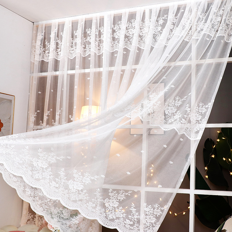 Wholesale non-perforated Korean lace partition curtain kitchen bedroom white gauze curtain wear rod small floating curtain half curtain magic