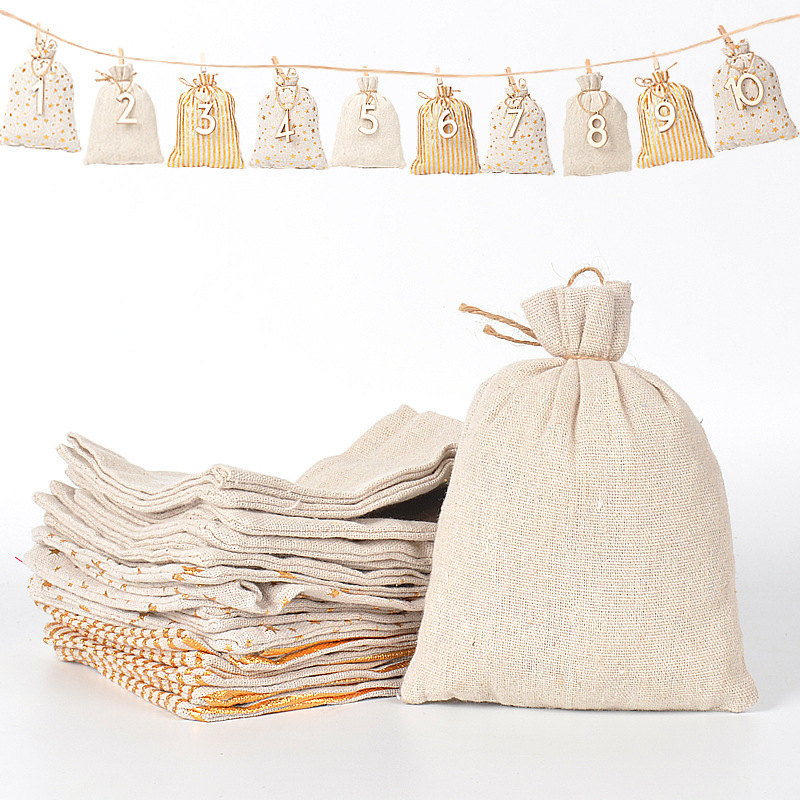 新款烫金圣诞降临日历1-24数字木吊牌棉布袋礼品套装烫金麻布袋