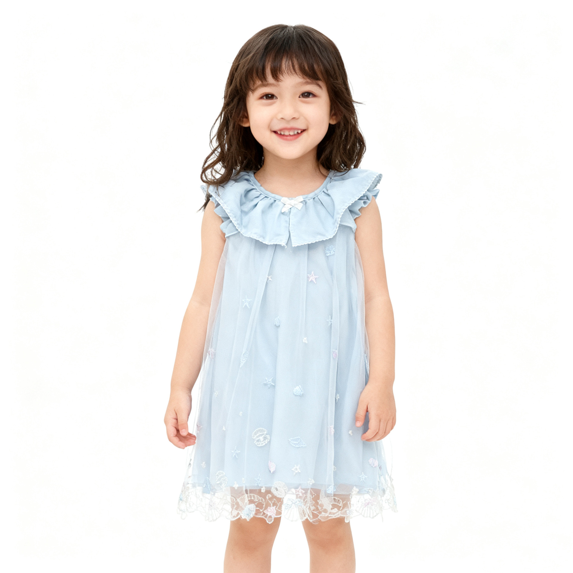110-130 Girls' Summer Flutter Sleeve Peter Pan Collar Embroidered Dress A-Line Skirt Mesh Sweet Style for Young Children