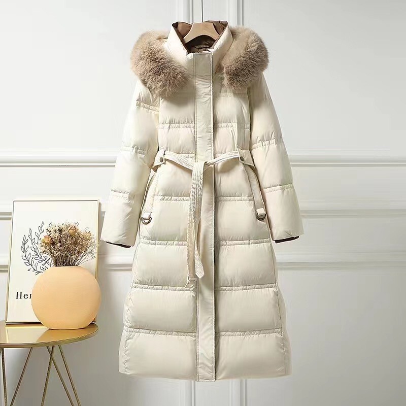 New real fox fur collar white duck down high-end down jacket women's Joker fashion waist long knee flat lake wholesale New real fox fur collar white duck down high-end down jacket women's Joker fashion waist long knee flat lake wholesale