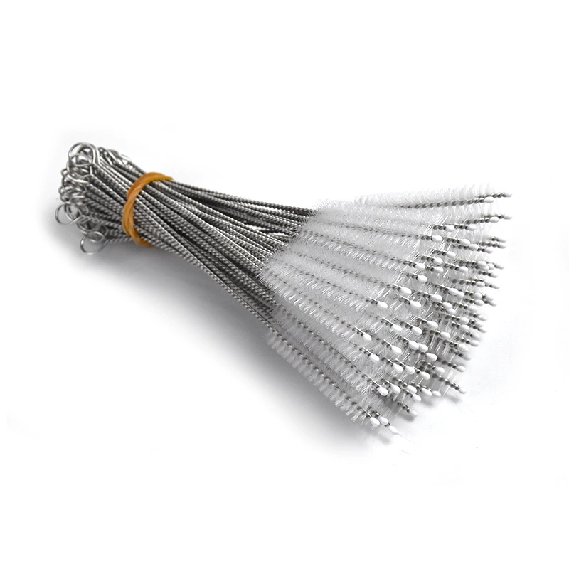 Прямая продажа щетки из нержавеющей стали с нейлоновой щетиной для чистки детских бутылочек, чашек, трубочек, трубок и пробирок.