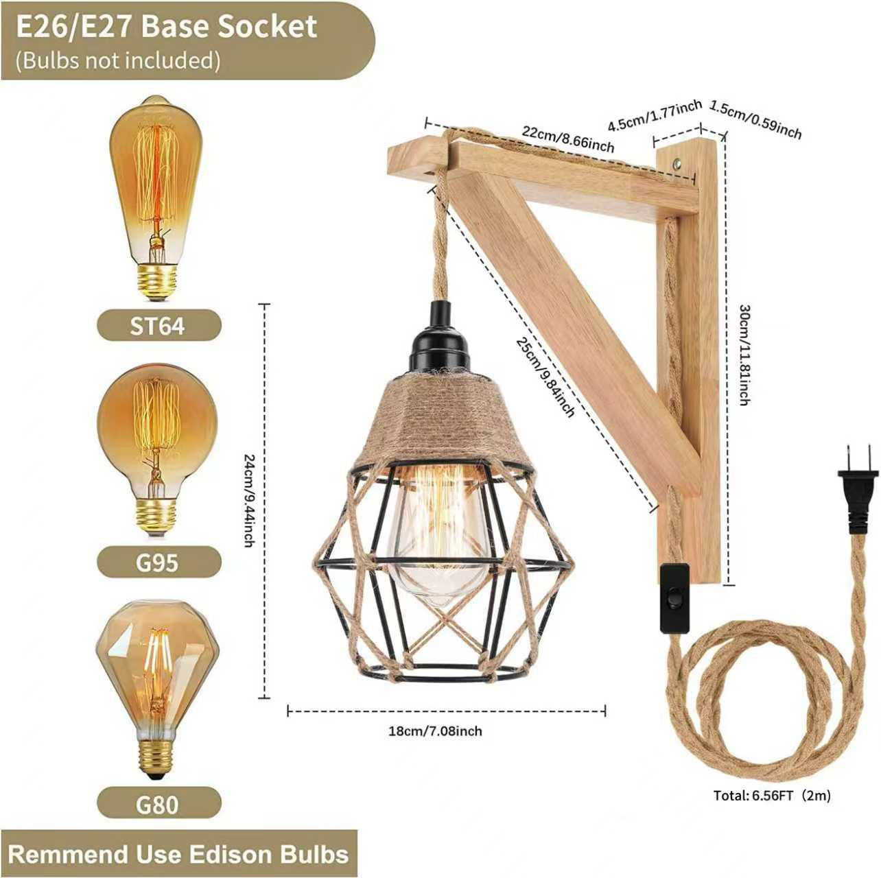 Explosiones transfronterizas dedicadas a lámparas de Zhongshan estilo retro industrial americano de hierro artesanal interruptor de cable de cáñamo enchufe lámpara de pared