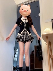 独特漂亮学院风假两件衬衫上衣女高腰格纹字半身裙裤裙两件套直售