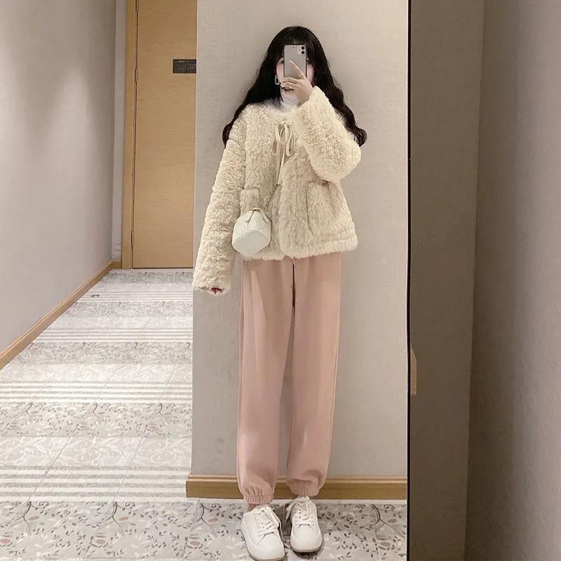 秋冬新款小个子显高休闲时尚可盐可甜小香风羊羔毛外套两件套装女|undefined