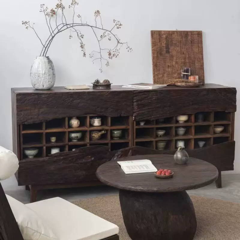 侘寂风实木博古架客厅玄关柜原木民宿收纳储物柜靠墙柜展示柜