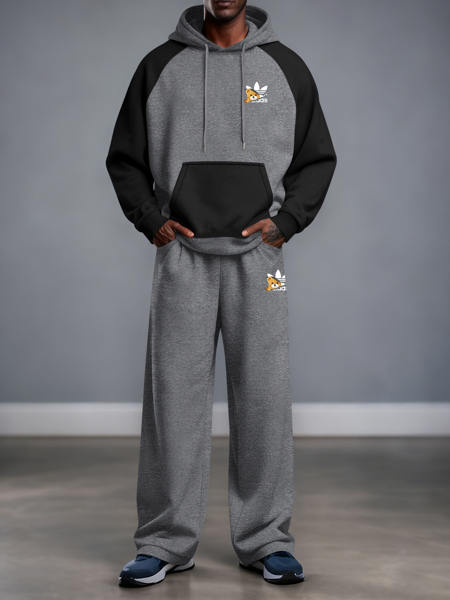 Transfronterizo primavera / otoño / invierno AD juvenil hombro mosaico con capuchón de vello suelto chaqueta rectas pantalones casuales conjunto versátil