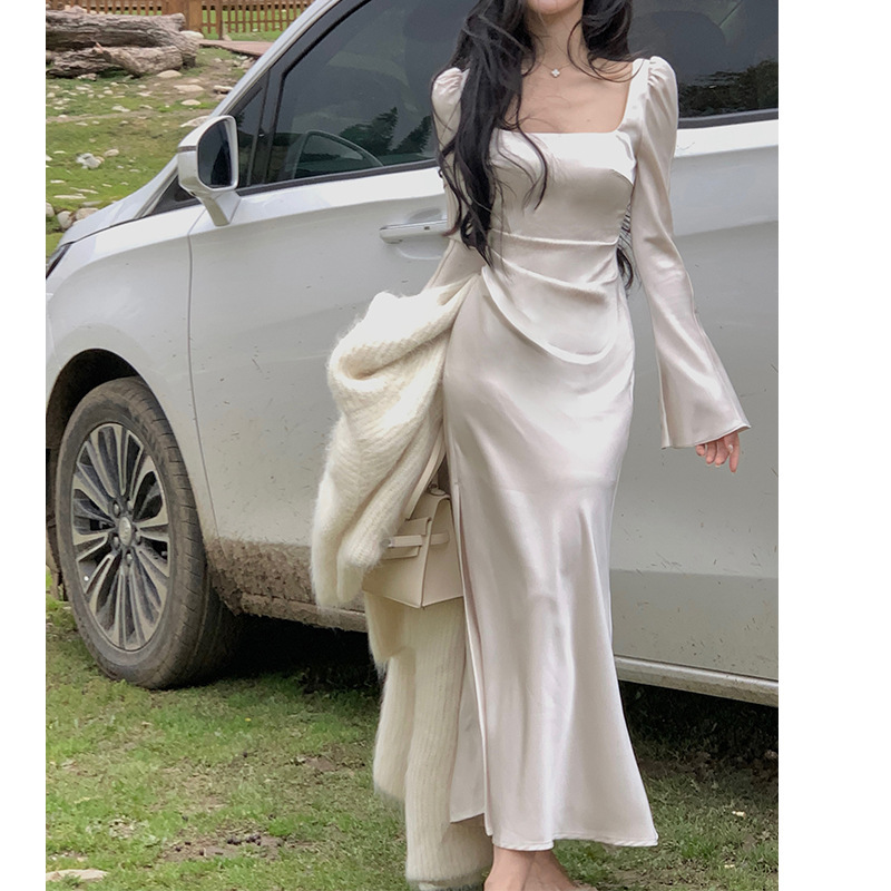 Socialite dinner dress French square collar off-shoulder satin dress women's first love long sleeve gentle split dress