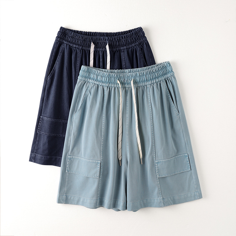 Tencel Denim Shorts Women's Summer Thin High Waist Loose Slimming Mid-length Pants Workwear Casual Wide Leg Five-length Pants