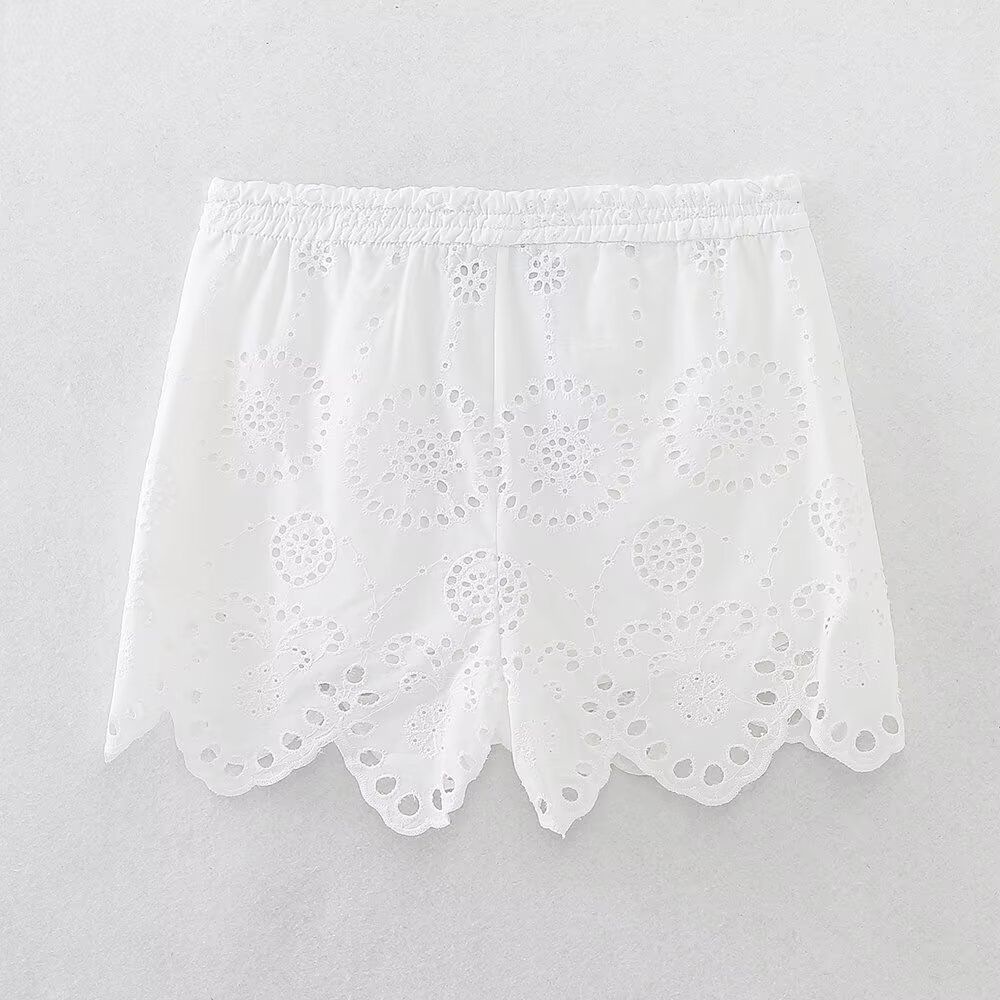 ZARW Self-made Casual Loose Hollow Embroidered Solid Color Top Shorts Set, European And American Style Summer New_ecoleips.com