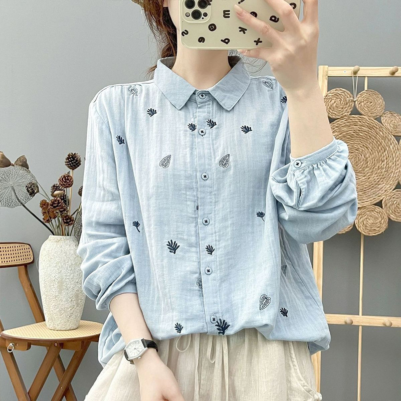 Forest Style Literary and Artistic Small Fresh Embroidered Cotton Gauze Cardigan Long-Sleeved Shirt Women's 2025 Spring and Autum New Cotton Top Forest Style Literary and Artistic Small Fresh Embroidered Cotton Gauze Cardigan Long-Sleeved Shirt Women's 2025 Spring and Autum New Cotton Top