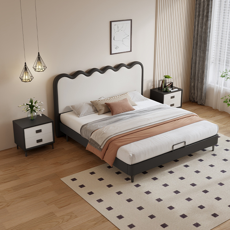 Modern minimalist leather bed in creamy style, lightweight luxury home furniture&mdash;1.8m double bed with high storage box design, perfect for master bedrooms and compact spaces, ideal as a wedding bed.