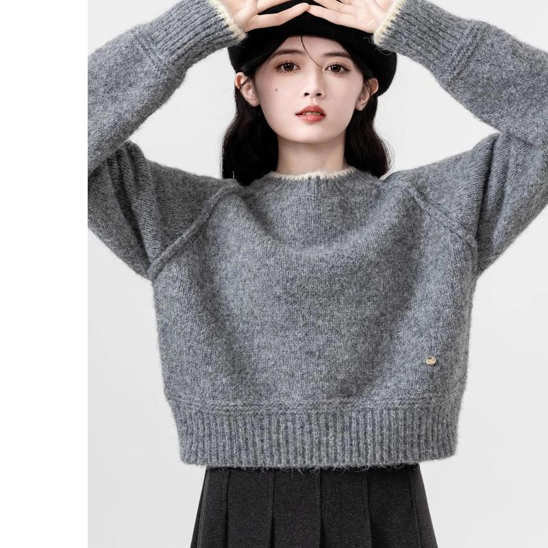 短款灰色毛衣女秋冬2025新款慵懒风加厚圆领内搭针织衫小个子上衣|undefined