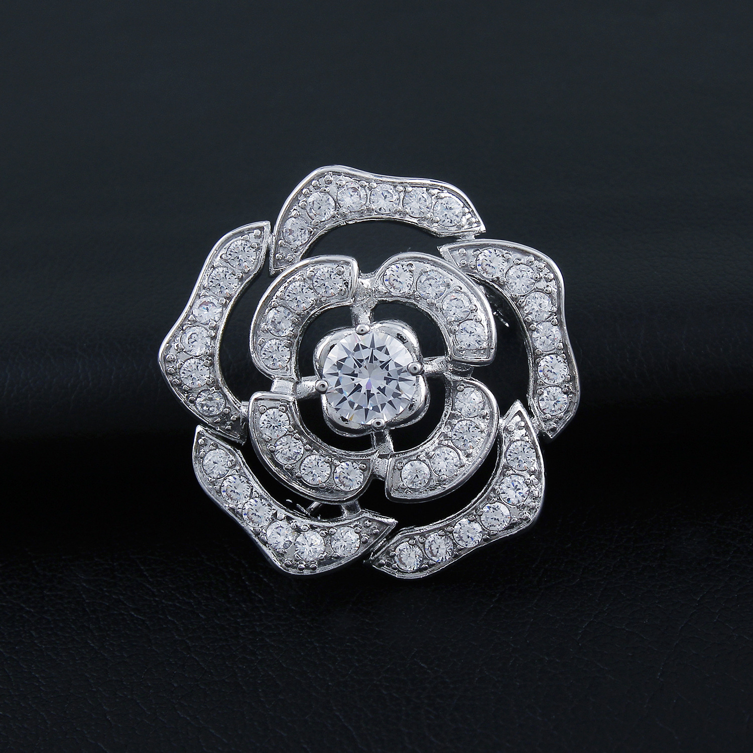 Camellia Brooch with Zircon Stones Silver Tones