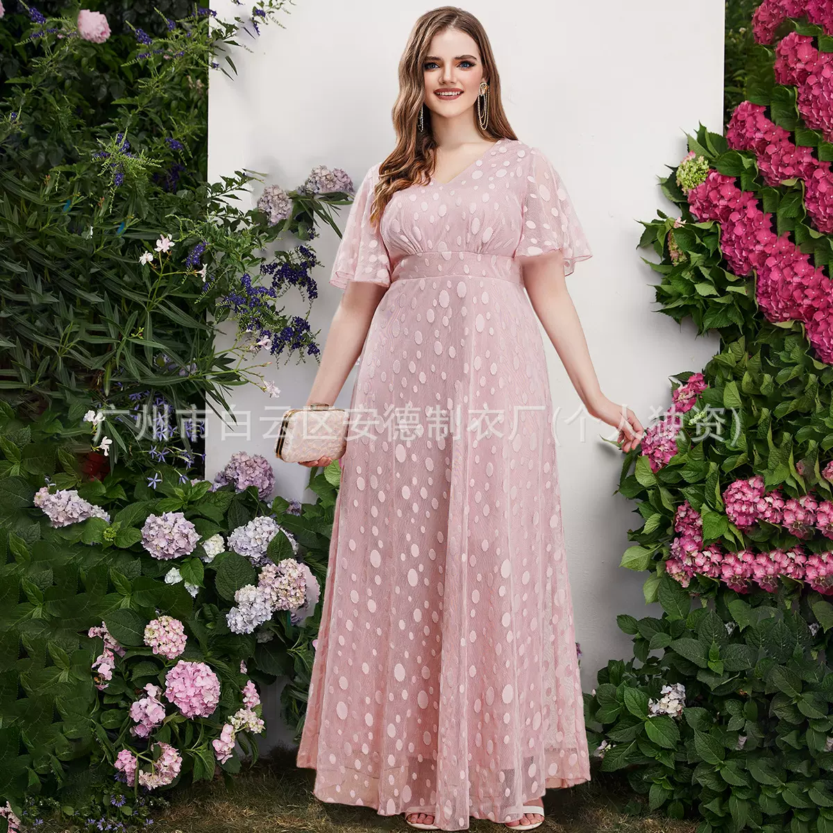 欧美跨境大码女装时尚甜美伴娘服高腰V领波点蕾丝连衣裙亚马逊新