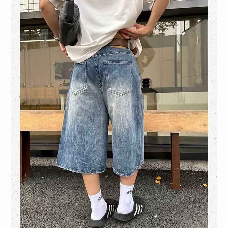 Lightning Pattern Cropped Denim Shorts for Men, Summer High-End American Workwear Wide-Leg Mid-Length Pants, Knee-Length Straight Eight-Point Pants