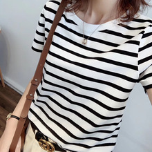 素町夏新条纹T恤经典黑白条全棉女简约宽松显瘦条纹短袖上衣