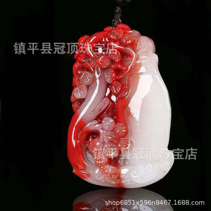 厂家批发仿和田玉鸡血玉花开富贵吊坠喜上眉梢花瓶玉吊坠直播货源