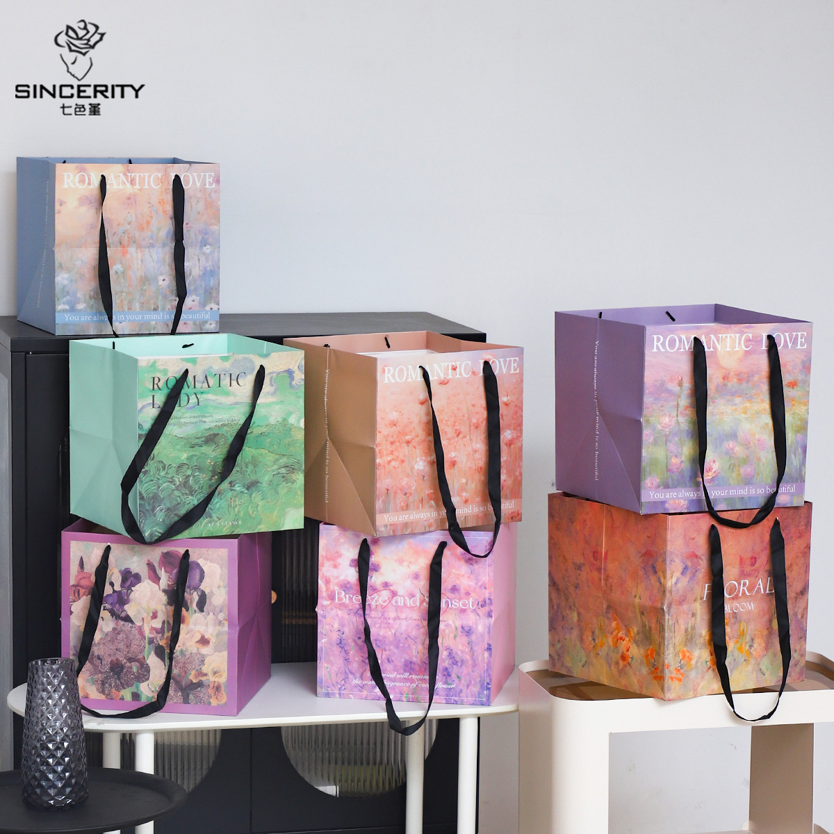 Nuevo estilo de pintura al óleo de siete colores cordier inglés bolsas de mano de flores rojas flores materiales de embalaje de flores portátiles