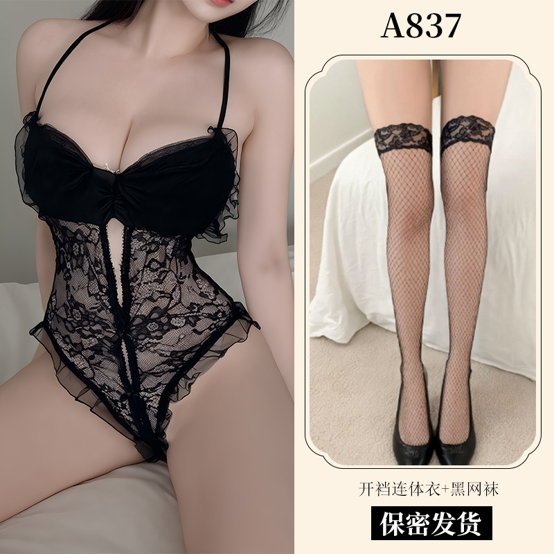 [블랙] 보우 오픈 점프수트 + 망사스타킹