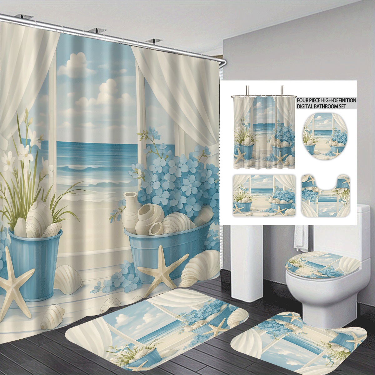 Temu cortina de baño impermeable personalizada serie de elementos marinos 3D impresión poliéster cortina de baño de cuatro piezas fábrica image 9