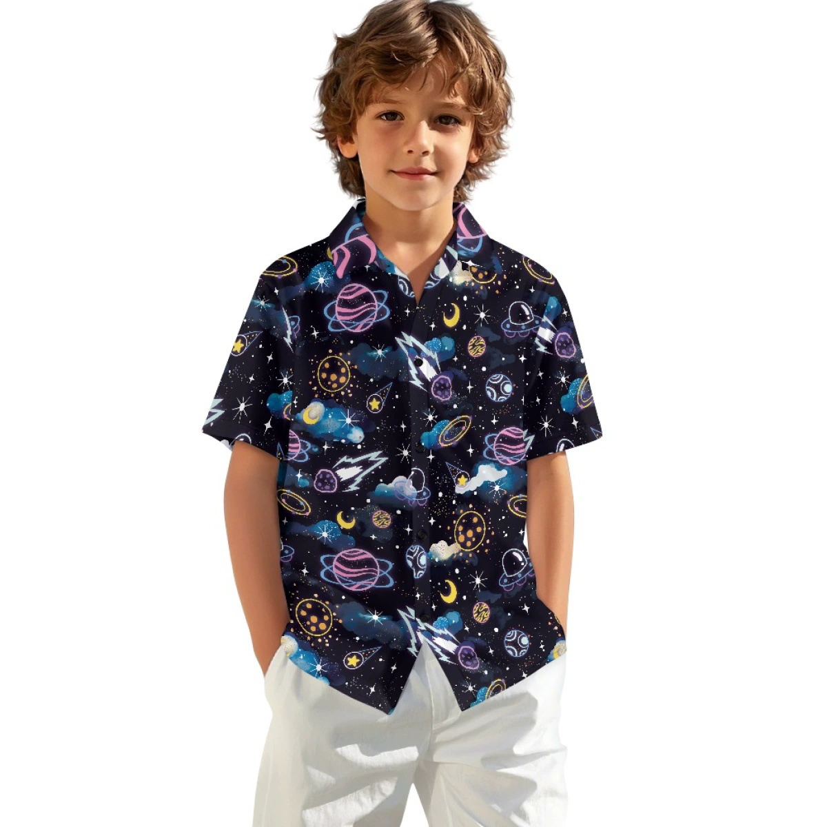 Одежда для родителей и детей, детская рубашка на пуговицах, стеганая ткань, узор космического звездного неба, соответствующий родительскому стилю, теплый наряд.