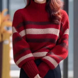 安可拉红色条纹高领毛衣女2025新款早秋小个子穿搭初秋韩系氛围感