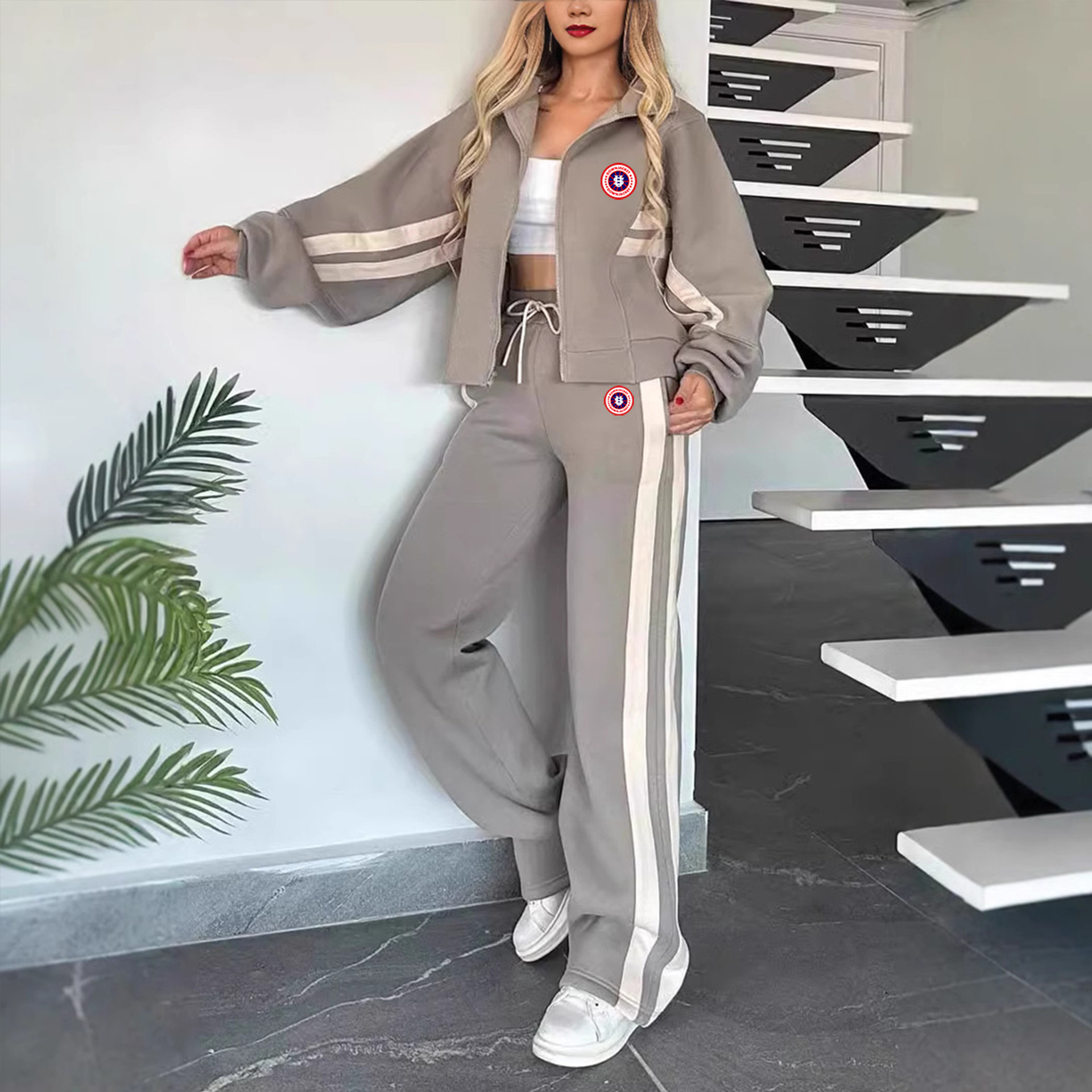Women's Us Map Print Matching Set Colour-block Sweatshirt Joggers_voghion.com