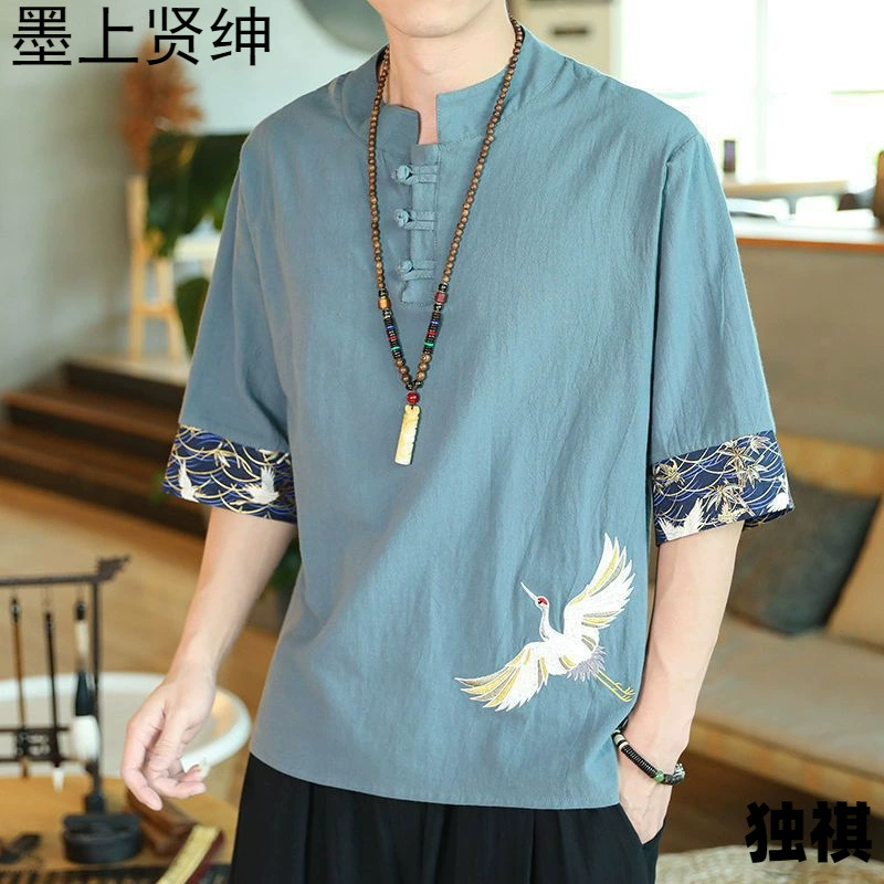 Футболка в китайском стиле мужская летняя тонкая фея с вышивкой хлопчатобумажная футболка с короткими рукавами для мужчин