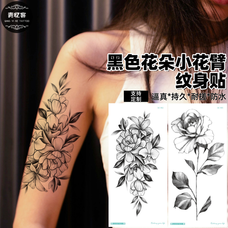 Cross-Border Supply Wholesale Black Flower Temporary Tattoo Stickers Waterproof and Sweat-Proof Small Flower Arm Fashion Stylish Dark