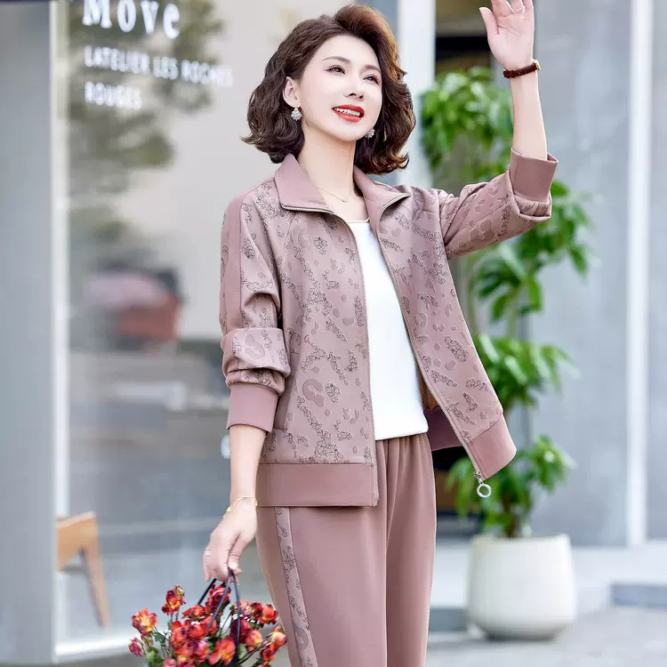 中年妈妈春装运动服套装休闲上衣外套2025新款中老年女装春秋减龄