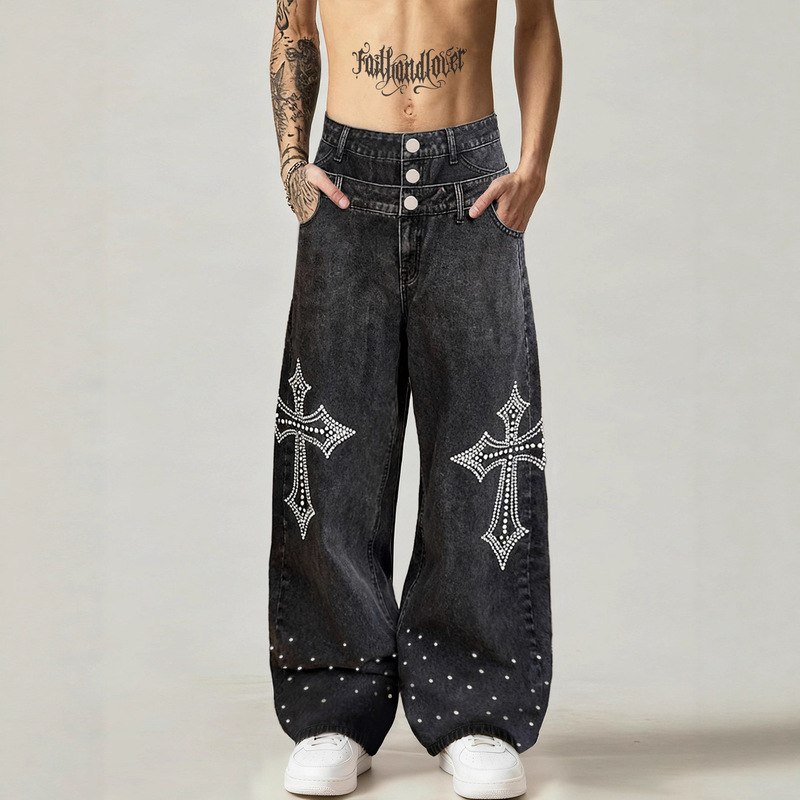 Trendy Men's Jeans with Double Waistband, Personalized Rhinestones, High-Quality New European and American High-End Loose Black Pants Trendy Men's Jeans with Double Waistband, Personalized Rhinestones, High-Quality New European and American High-End Loose Black Pants
