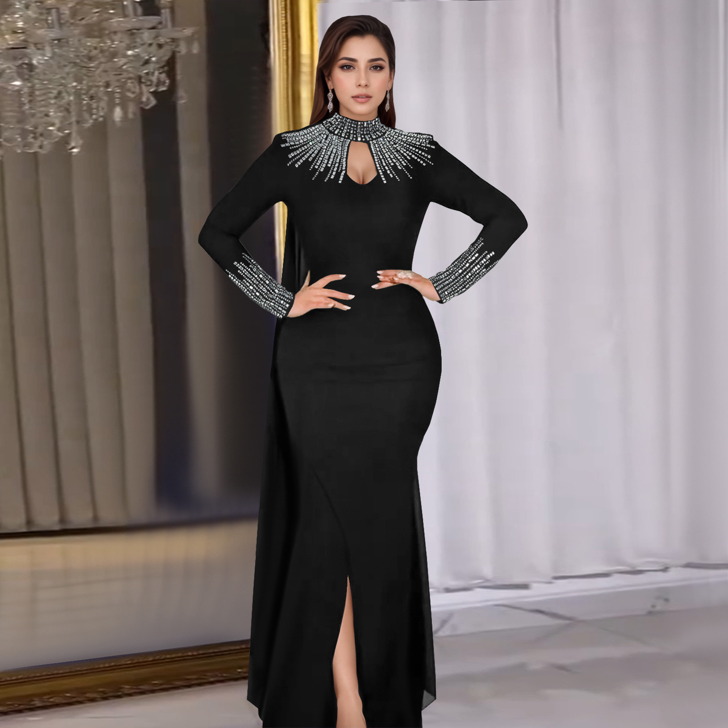 C7381 Cross-border AliExpress Amazon Ropa de mujer de moda europea y americana Elegante perspectiva Vestido ajustado de manga larga de diamantes calientes image 3