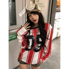 美式斜肩球衣长袖t恤女早秋撞色条纹宽松显瘦运动风辣妹露肩上衣i