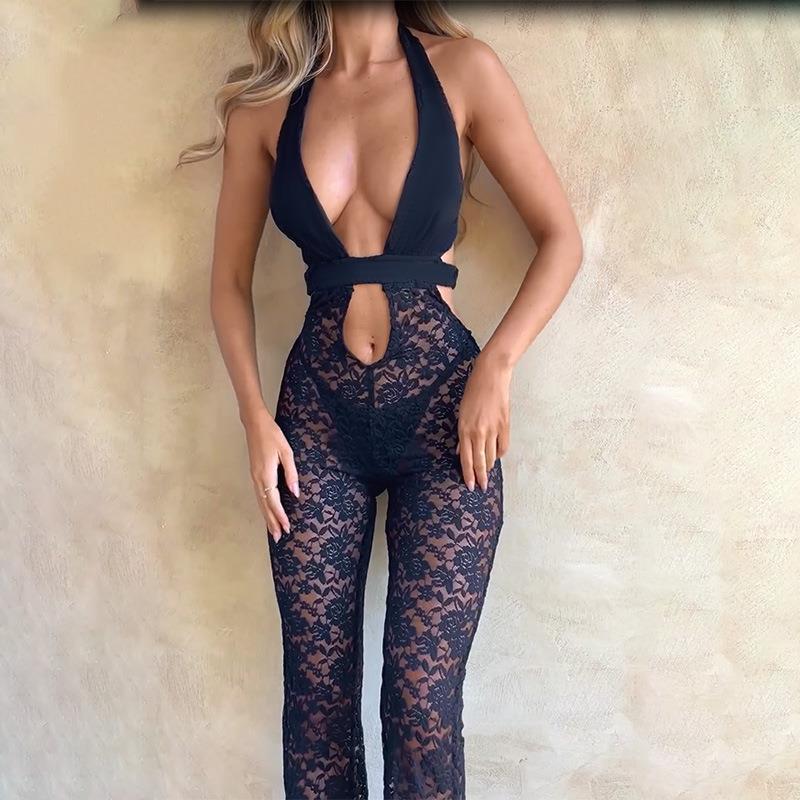 FY23420 Halter sexy halagador de pecho hueco Perspectiva de encaje micro-pull pantalones de una pieza europea y americana transfronteriza nueva ropa de mujer image 4