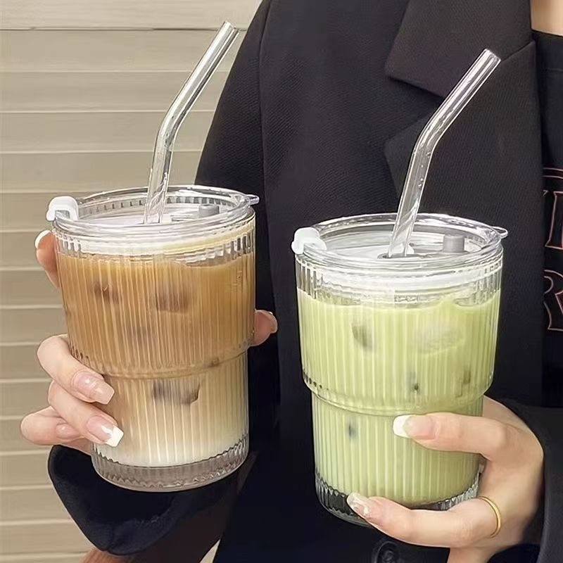 High-Appearance Vertical Striped Glass Coffee Cup with Lid and Straw, Ice Americano Style, Simple Design High-Appearance Vertical Striped Glass Coffee Cup with Lid and Straw, Ice Americano Style, Simple Design