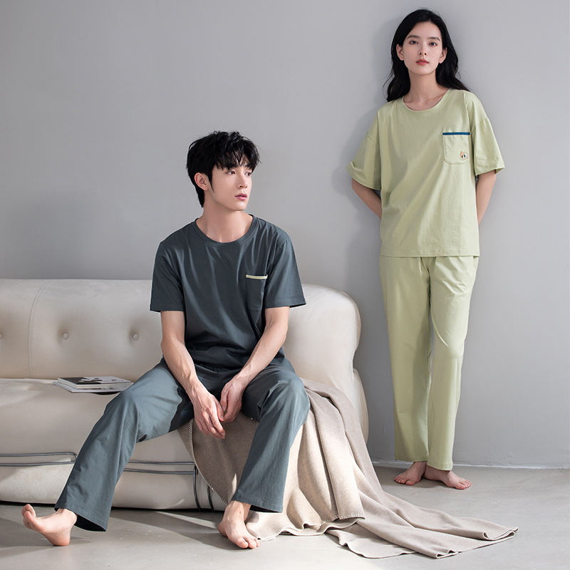 [Antibacteriano] pijama hombre de verano de mangas cortas de algodón pareja conjunto de mujeres casuales de color sólido de alta calidad ropa para el hogar