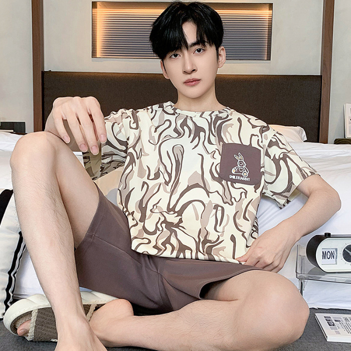 2024 algodón de punto de verano 6535 hombre cuello redondo mangas cortas pantalones cortos pijamas sueltos ropa casera casera