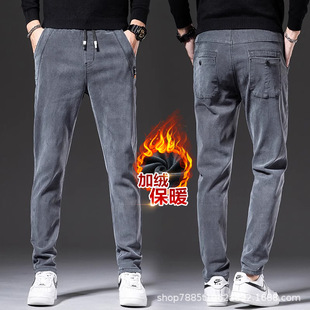 Men's fleece-lined thick jeans new autumn and winter fleece-lined pants men's straight slim fit skinny pants wear-resistant wholesale