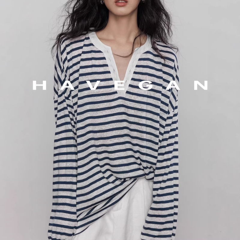 Havegan/Design-Inspired V-Neck Linen Striped Long-Sleeve T-Shirt for Women, Spring Sun-Protective Thin Vacation-Style Top