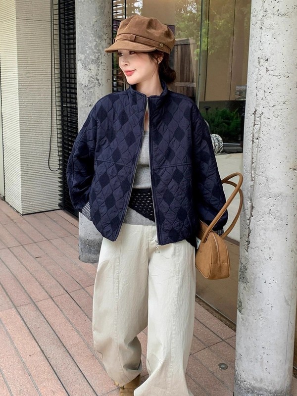 菱格夹棉外套女短款2025秋冬新款立领时尚洋气减龄休闲棉服夹克衫|undefined
