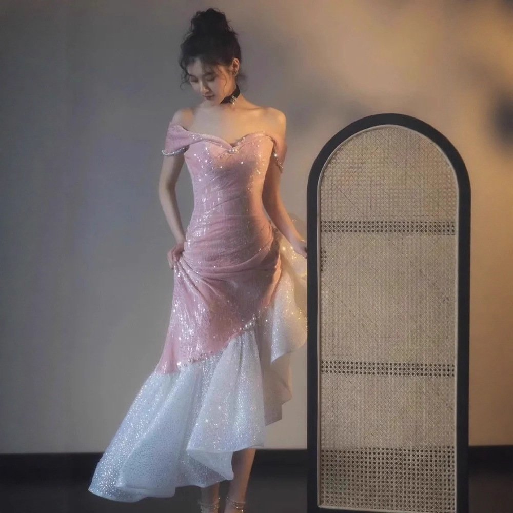 2026 New Style Wedding Engagement Banquet Evening Dress Mermaid Gown Elegant Off-Shoulder Pink Bridal Toast Dress