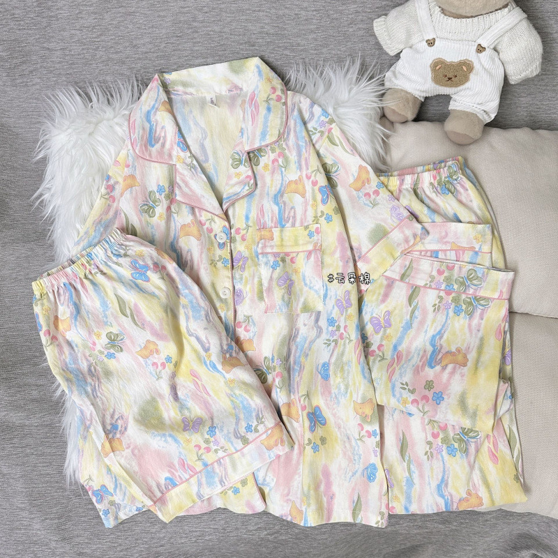 Pajamas for Women, New Summer Short-Sleeved Shorts + Long Pants, Cute Cloud Cotton Spring Thin Home Wear Three-Piece Set
