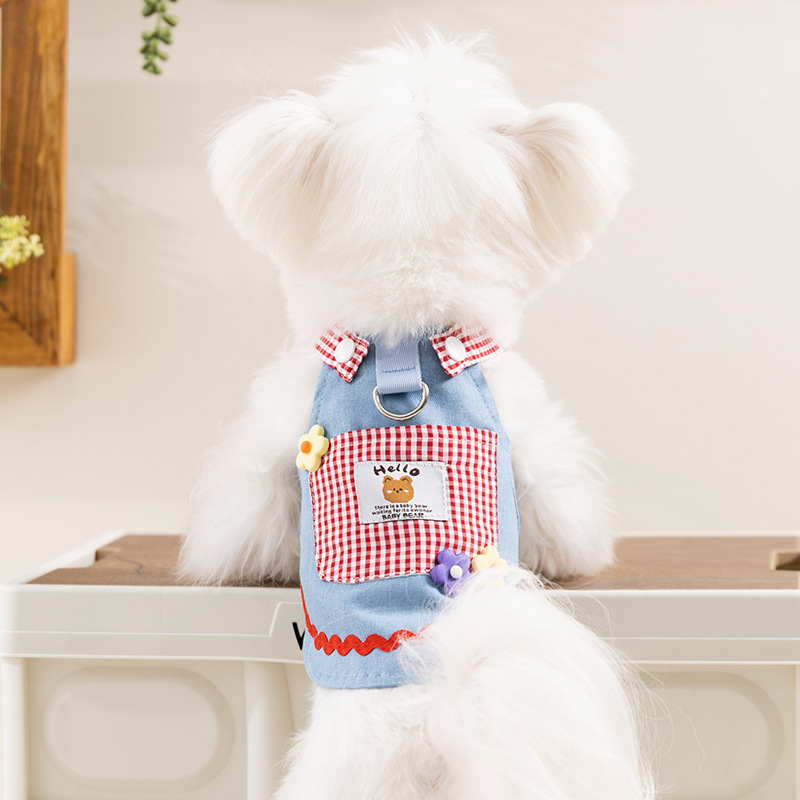 Nuevo perro primavera y verano de moda oso cuadrado bolsillo denim cinturón vestido gato vestido mascota Teddy ropa