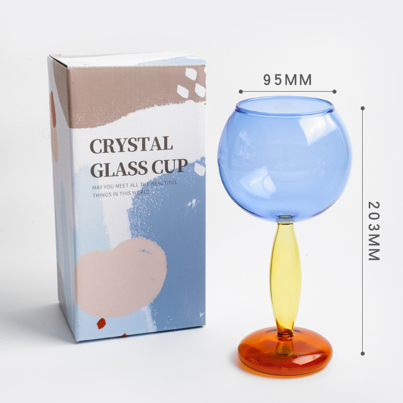 Red neta de alto valor, copa de vidrio de color de contraste de viento ins, costura para el hogar, copa de vino de vidrio de borosilicato esférico de color