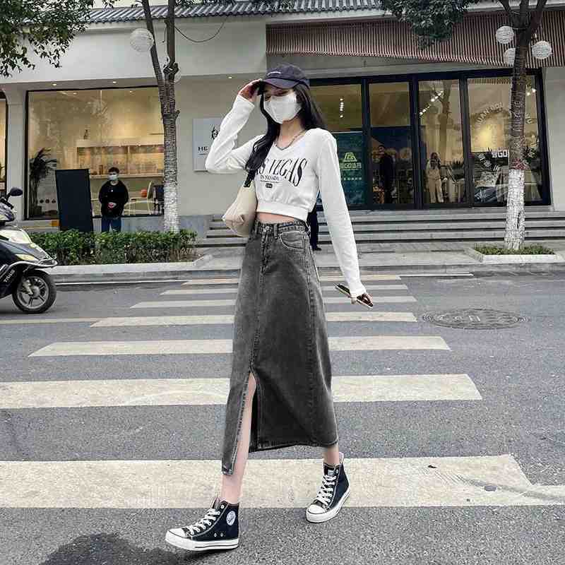开叉高腰牛仔裙半身裙女春夏小个子中长款复古春秋a字裙子包臀裙