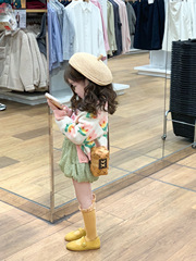 Set of 3 for Girls: 2023 Spring Ins Sweet Style Pink Floral Knit Cardigan + Bouquet Shorts + T-Shirt